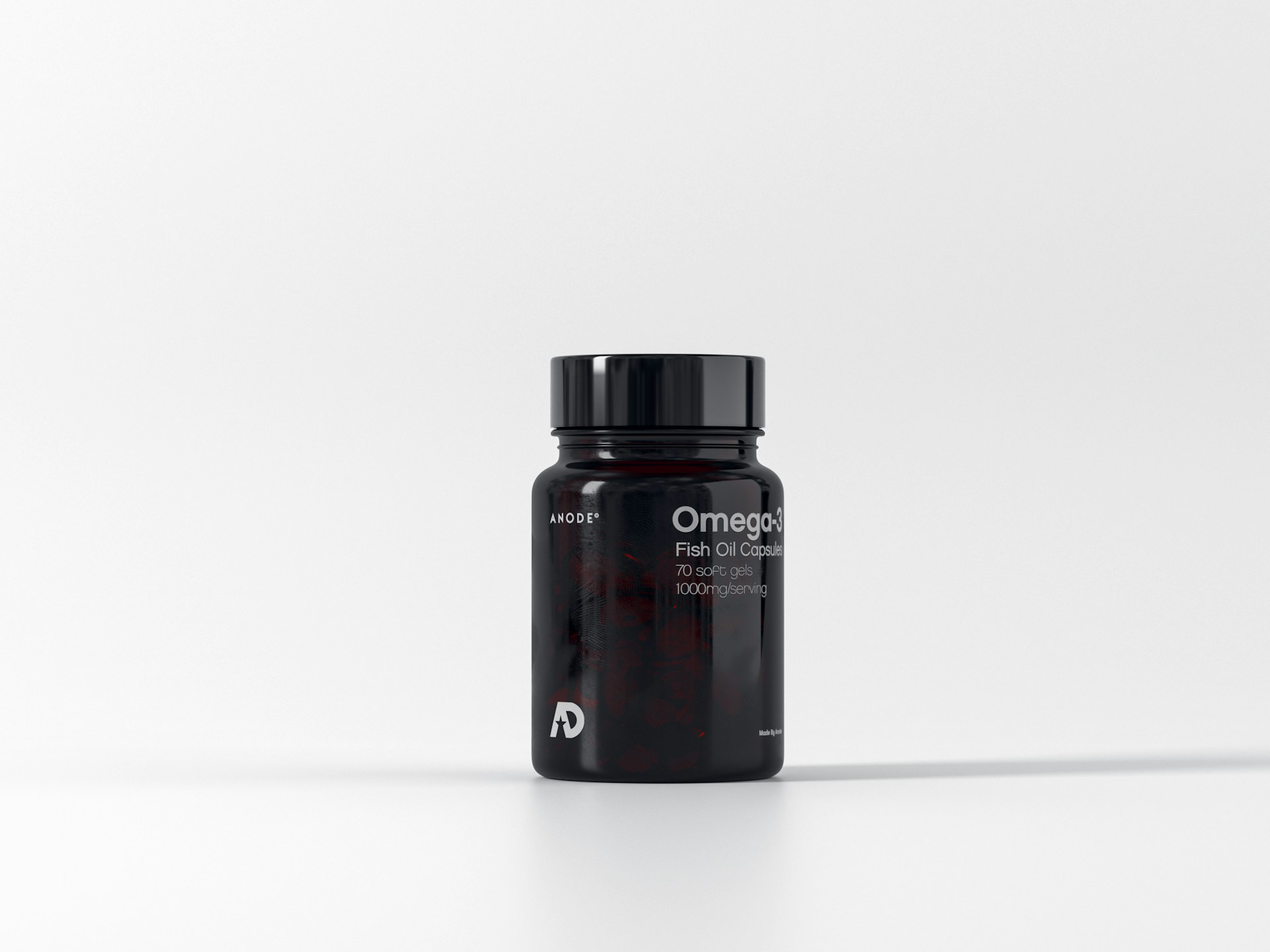 Dark amber supplement bottle of omega-3 fish oil capsules on a clean white background