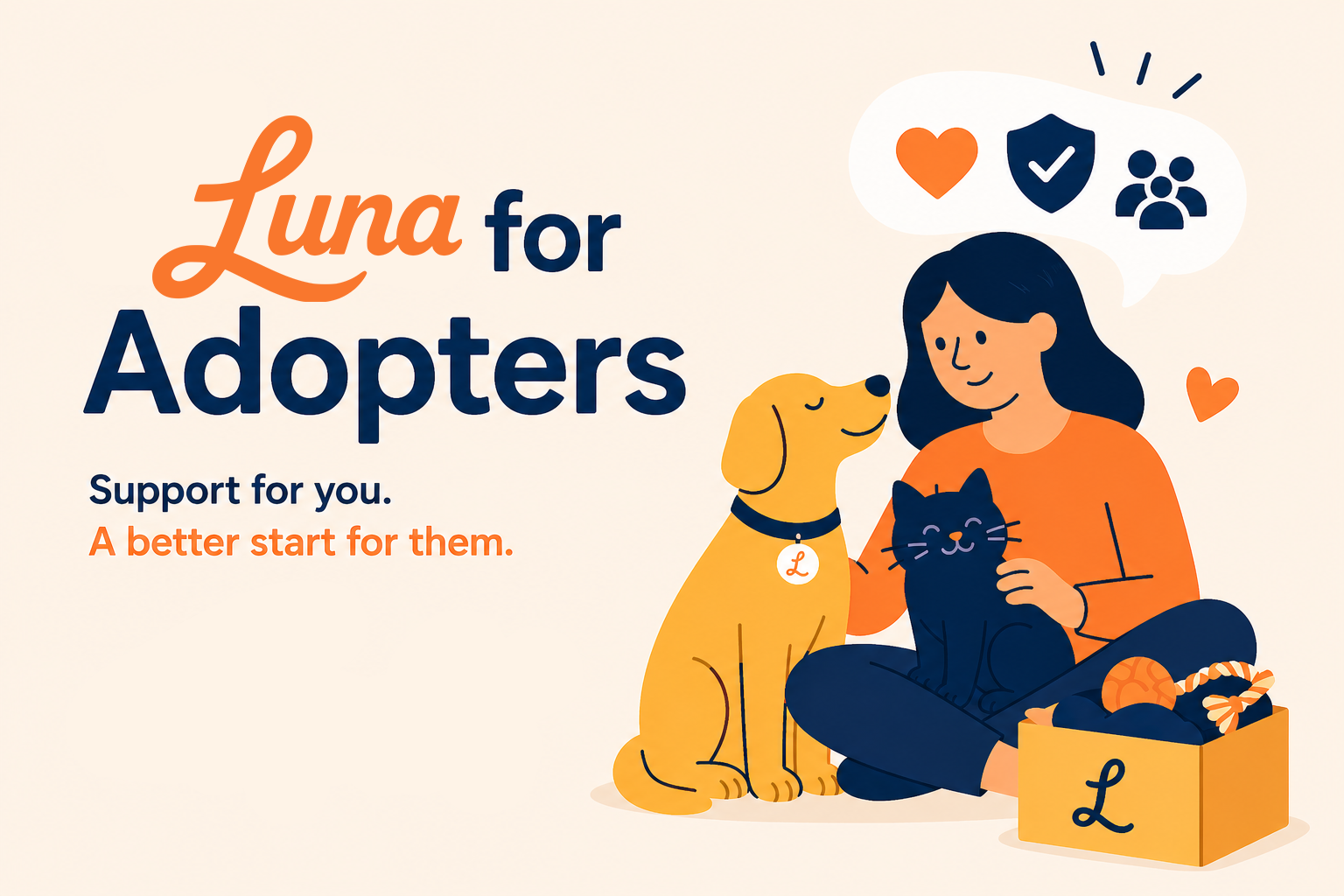 Luna for Adopters illustration showing a person with an adopted yellow dog and black cat, with hearts and trust icons above them