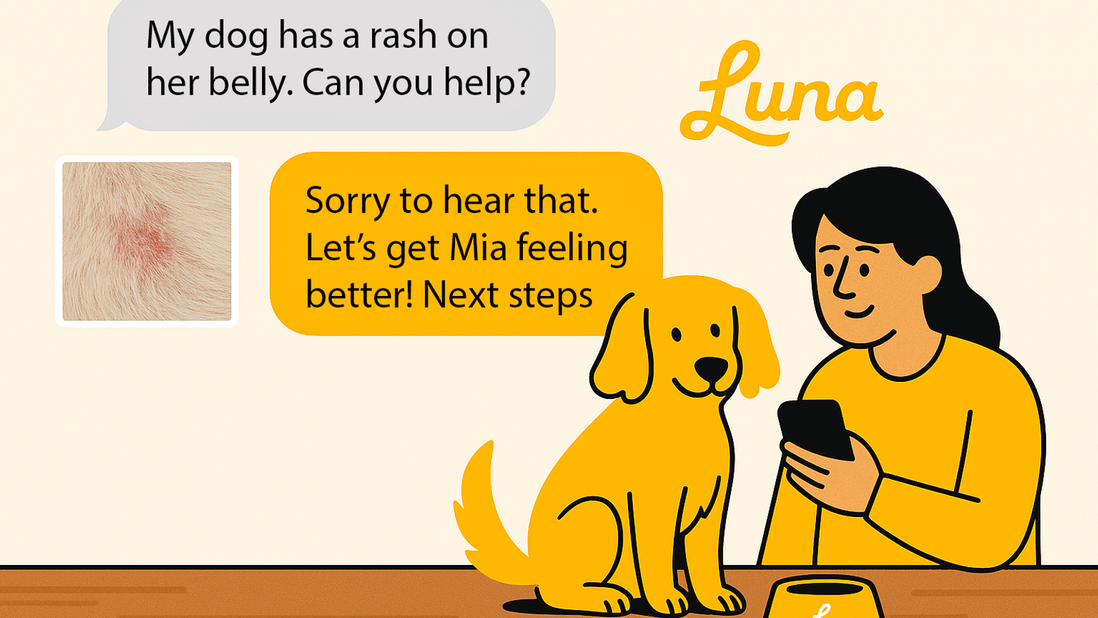 Illustration of a person on a sofa with a golden retriever, asking Luna about a rash on their dog's belly and receiving an answer in the chat